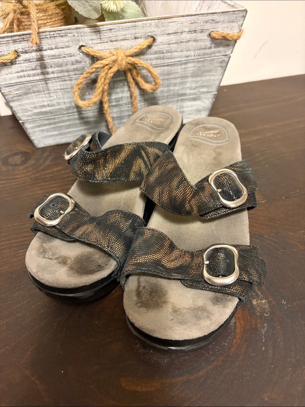 Dansko Black and Bronze Patterned Double-Buckle Slide Sandals size 38